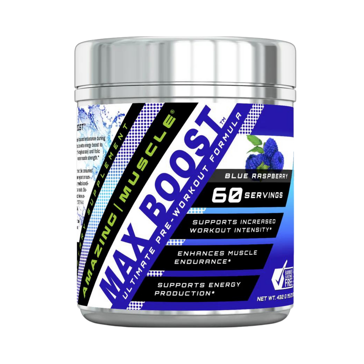 Amazing Muscle, Max Boost Advanced Pre-Workout Formula, Blue Raspberry, 60 Servings