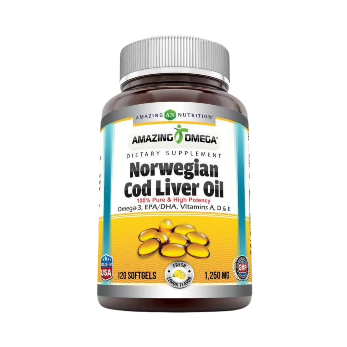 Amazing Omega, Norwegian Cod Liver Oil, Fresh lemon, 1250 mg, 120 Softgels