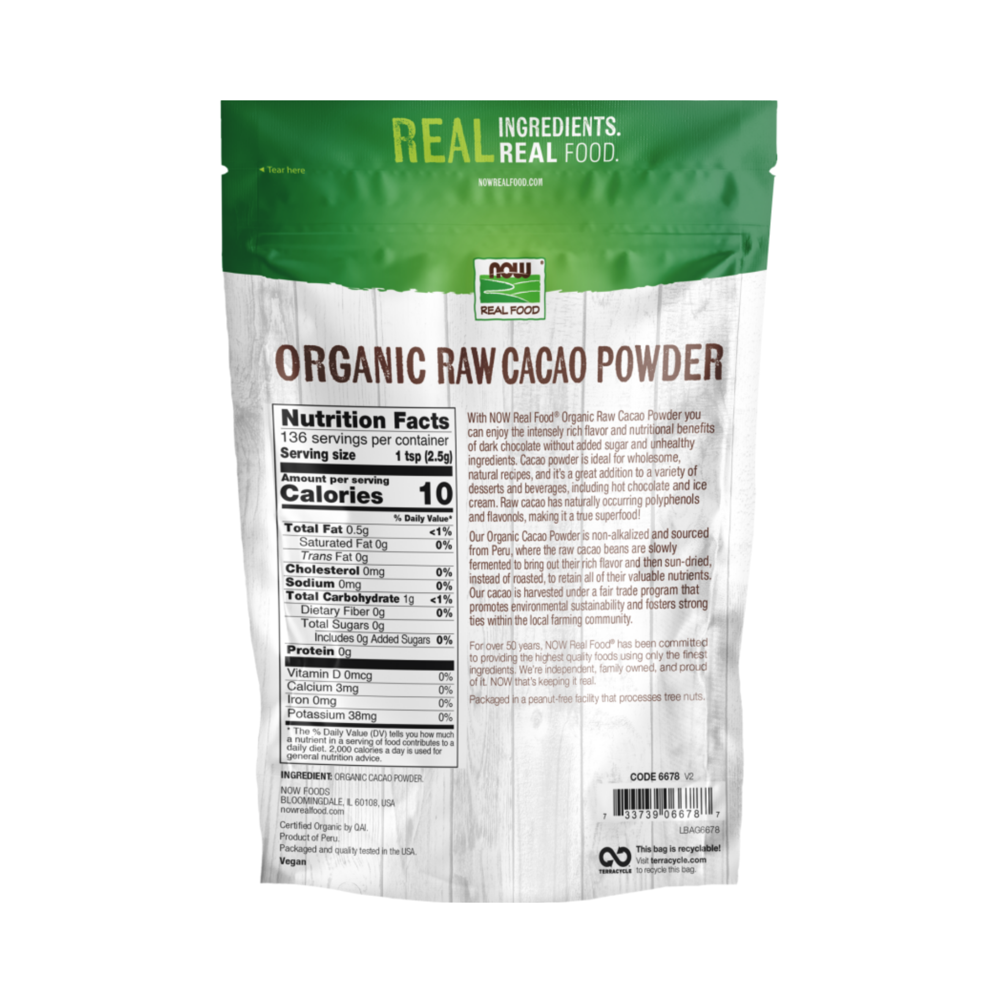 NOW Foods, Real Food, Organic Raw Cacao Powder, 12 Oz