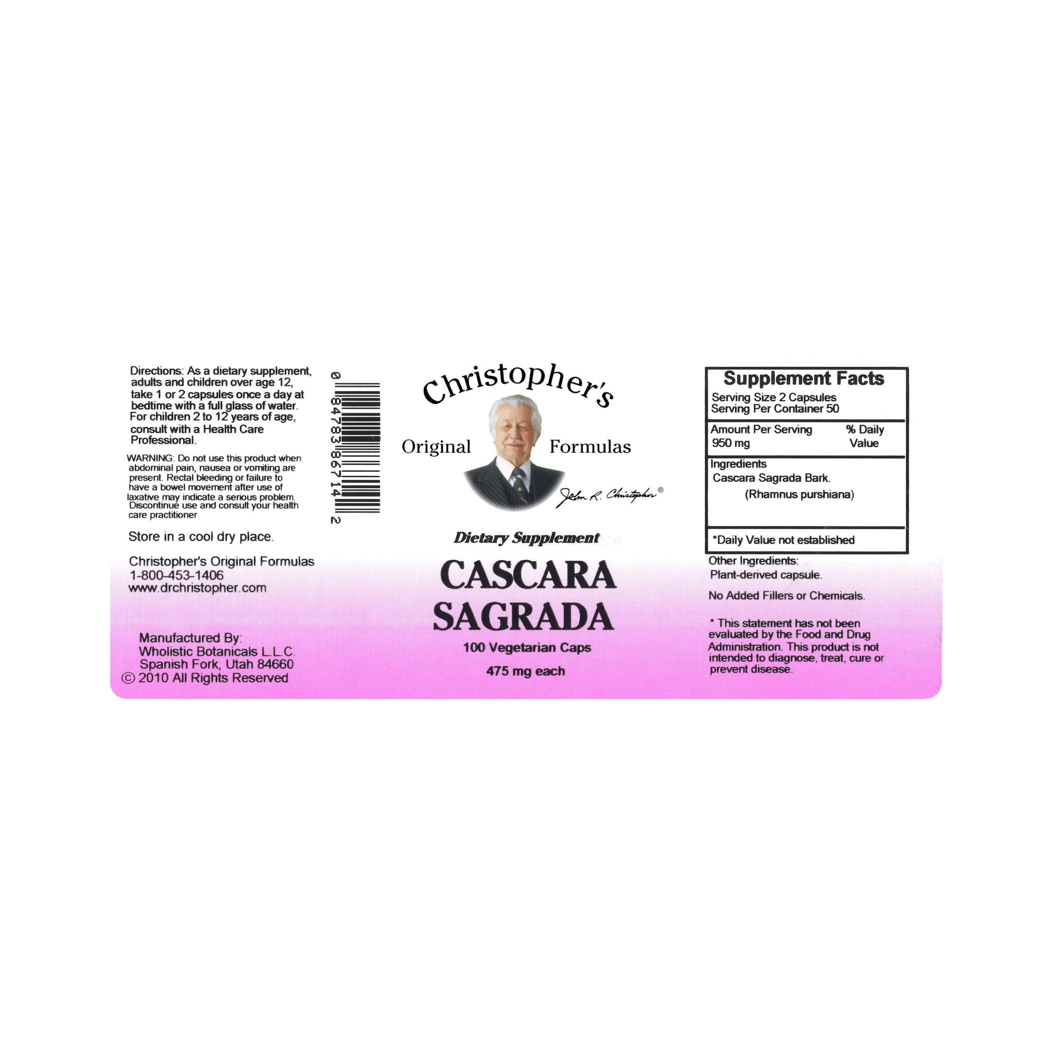 Christopher's Original Formulas, Cascara Sagrada Bark, 100 Capsules