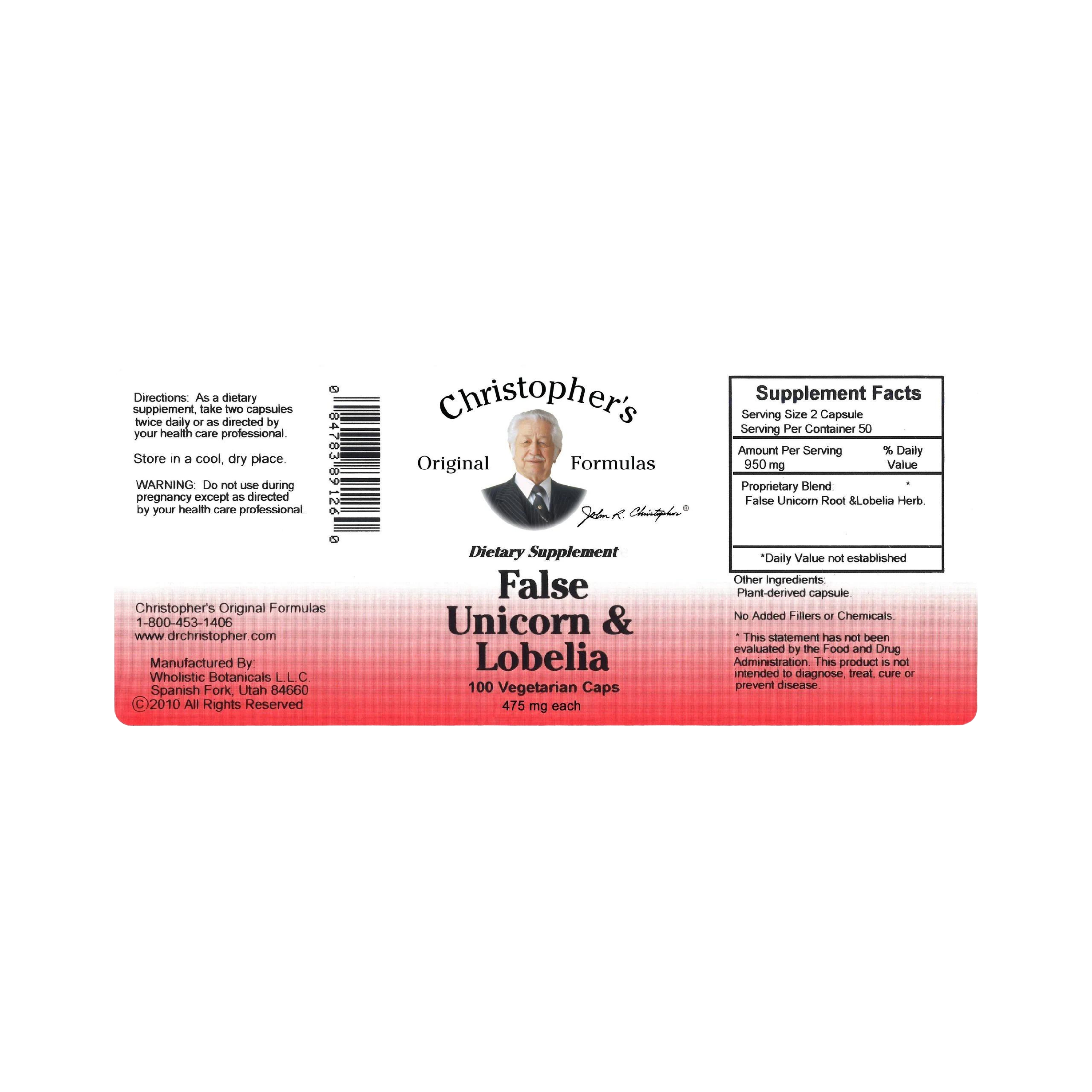 Christopher's Original Formulas, False Unicorn & Lobelia, 100 Capsules