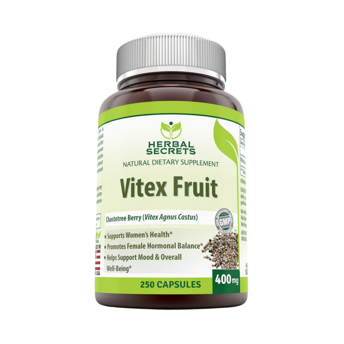 Herbal Secrets, Vitex Fruit Chaste Tree Berry Dietary Supplement, 400 Mg, 250 Capsules