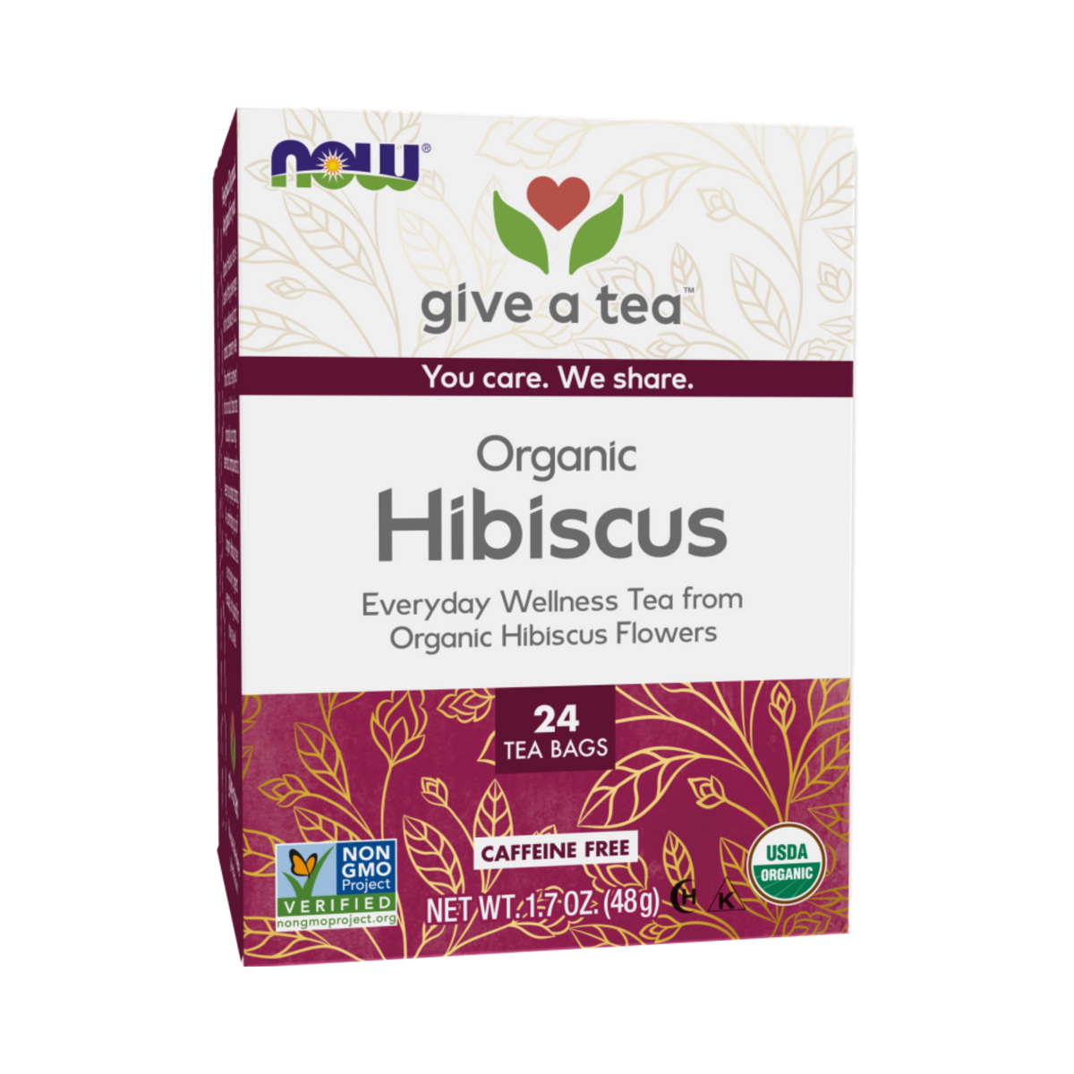 NOW Foods, Organic Real Tea, Organically Hip Hibiscus, Caffeine-Free, 24 Tea Bags, 1.7 Oz