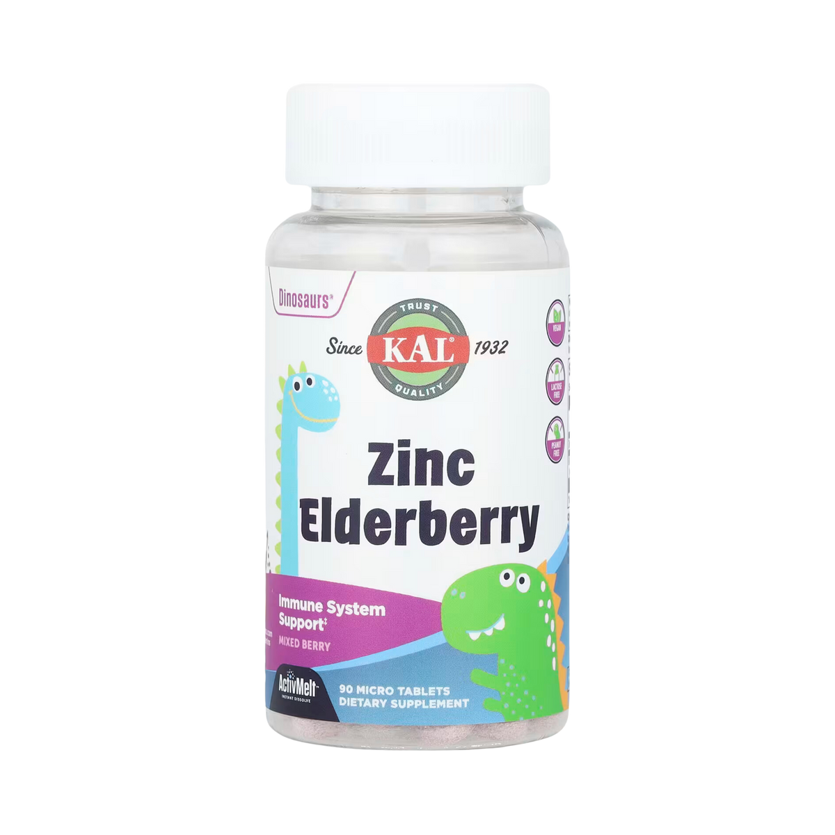 KAL, Dinosaurs, Zinc Elderberry, Mixed Berry, 90 Micro Tablets