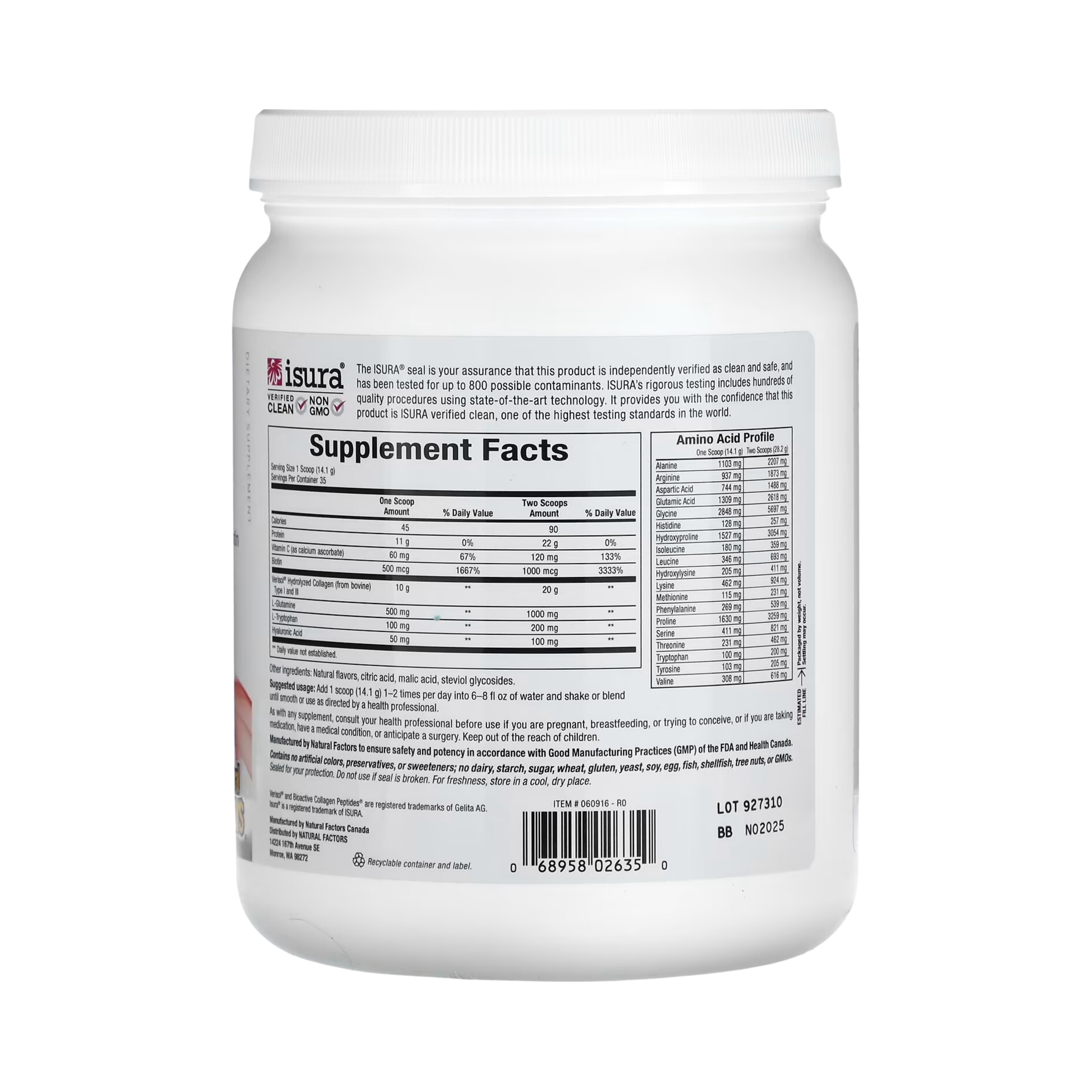 Natural Factors, Total Body Collagen, Bioactive Peptides, Pomegranate, 100 mg, 1 lb 1 oz (500 g)