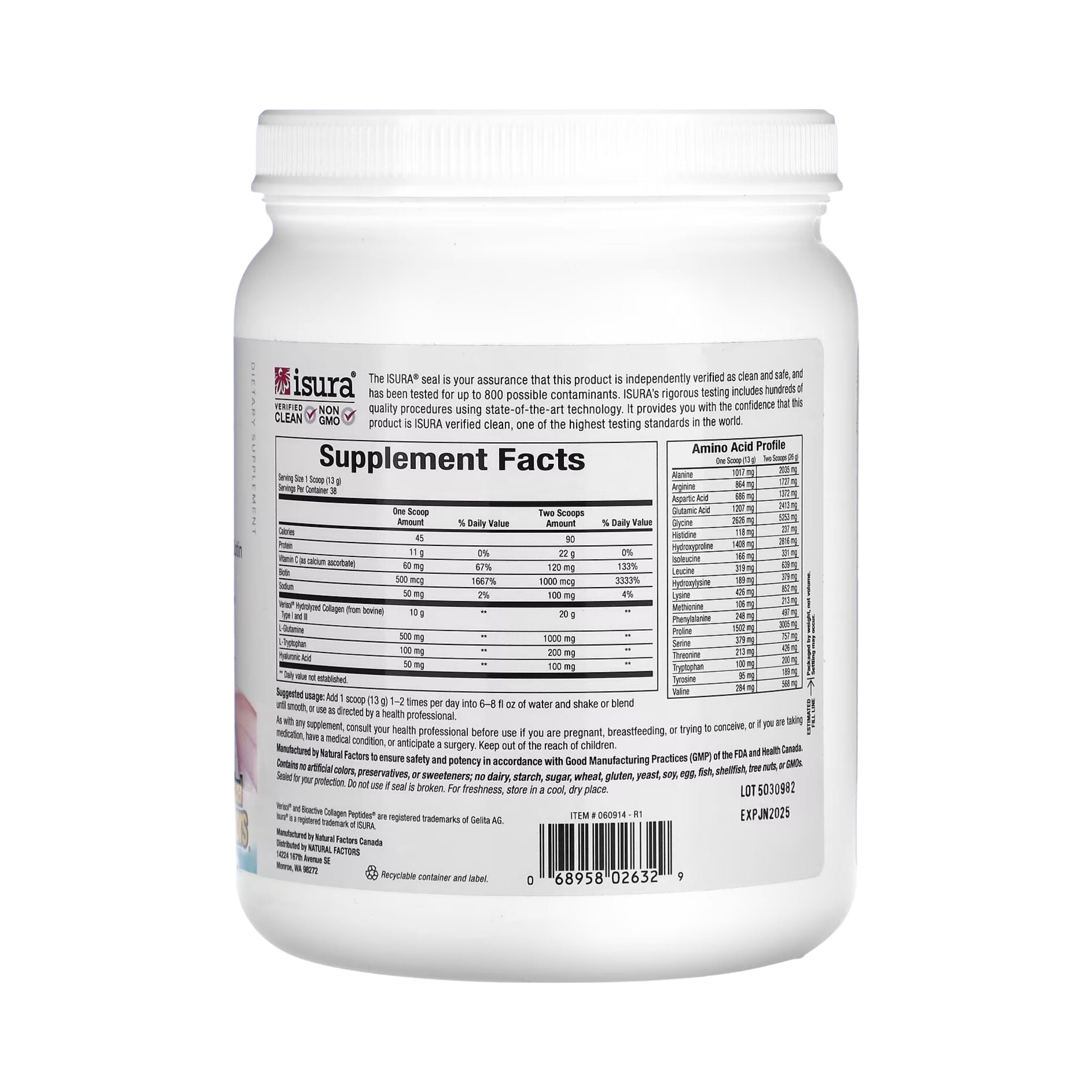 Natural Factors, Total Body Collagen, Bioactive Peptides, Unflavored, 1 lb 1 oz (500 g)