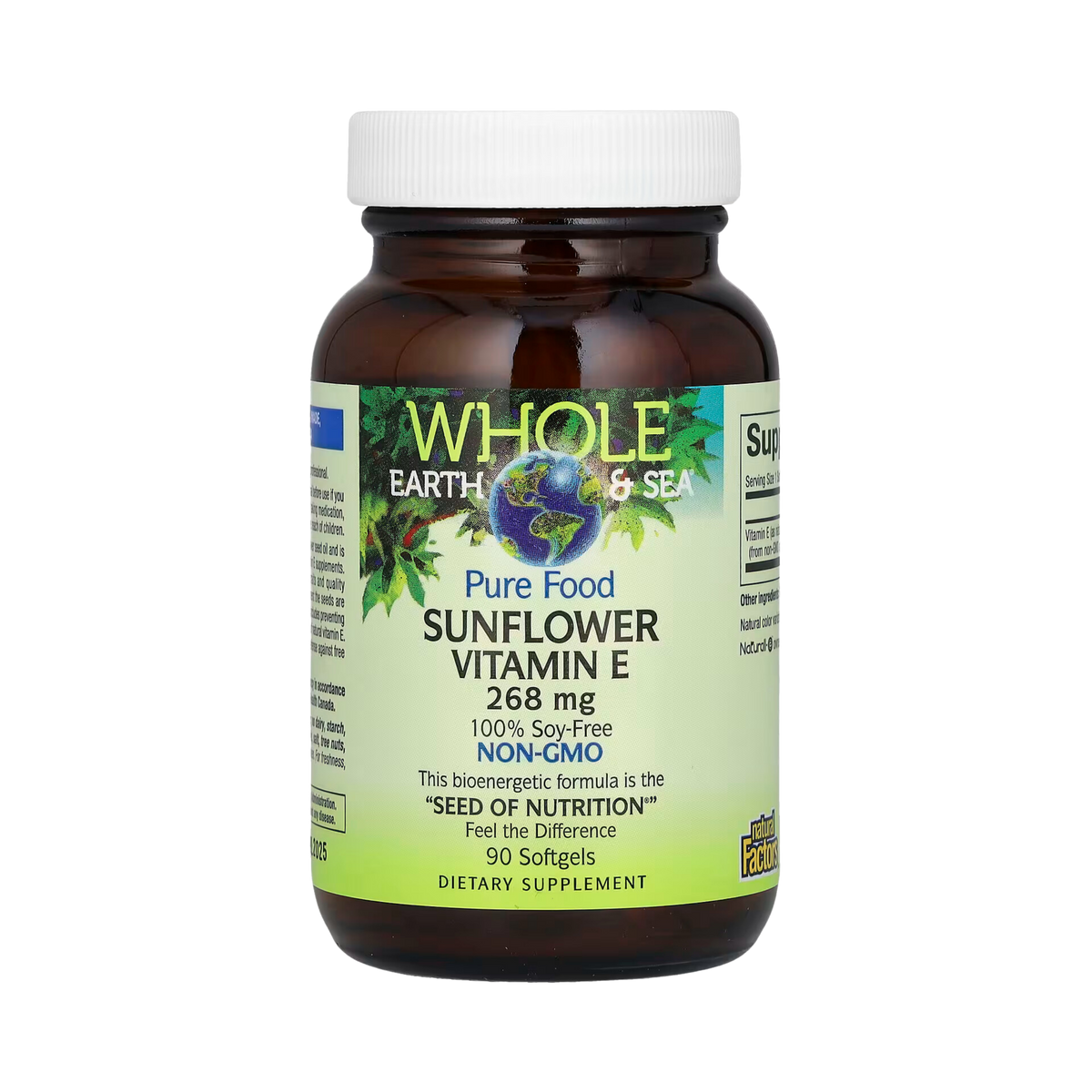 Natural Factors, Whole Earth & Sea, Pure Food, Sunflower Vitamin E, 268 Mg, 90 Softgels