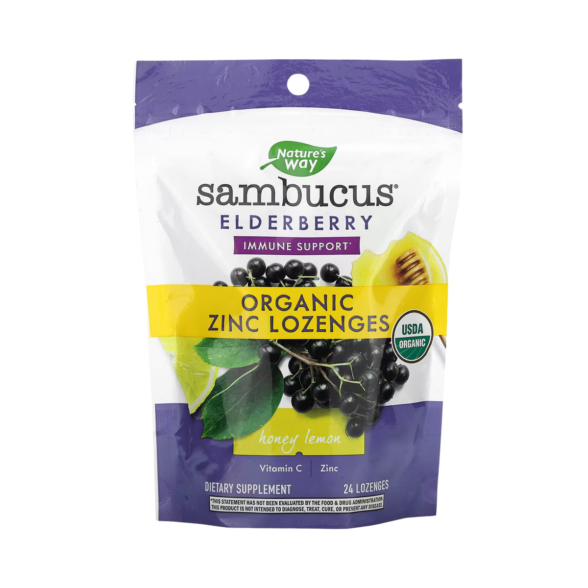 Nature's Way, Organic Sambucus Zinc  Honey Lemon Flavour, 24 Lozenges