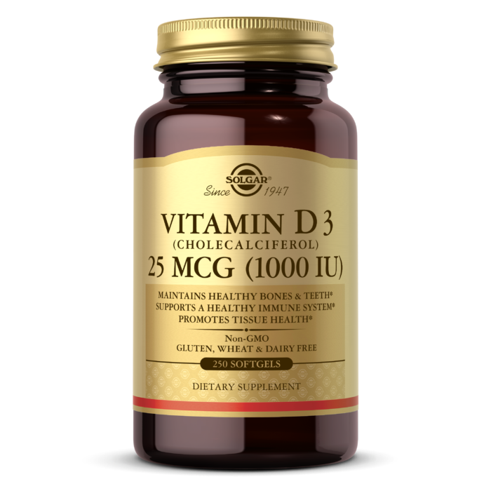 Solgar, VITAMIN D3 (CHOLECALCIFEROL) 25 MCG (1000 IU) SOFTGELS (100,250) | Maple Herbs