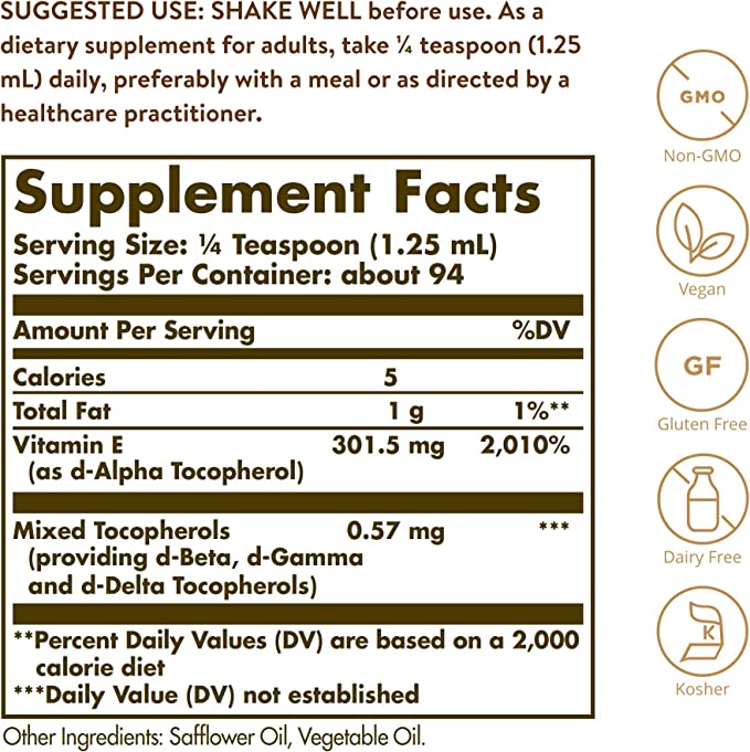 Solgar, LIQUID VITAMIN E supplement fact