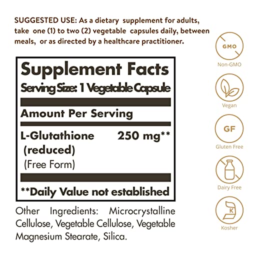 Solgar, REDUCED L-GLUTATHIONE 250 MG VEGETABLE CAPS (30,60) | Maple Herbs